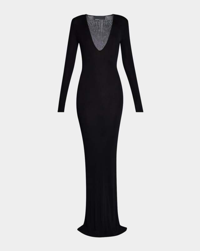 Jean Plunging Long-Sleeve Rib Maxi Dress